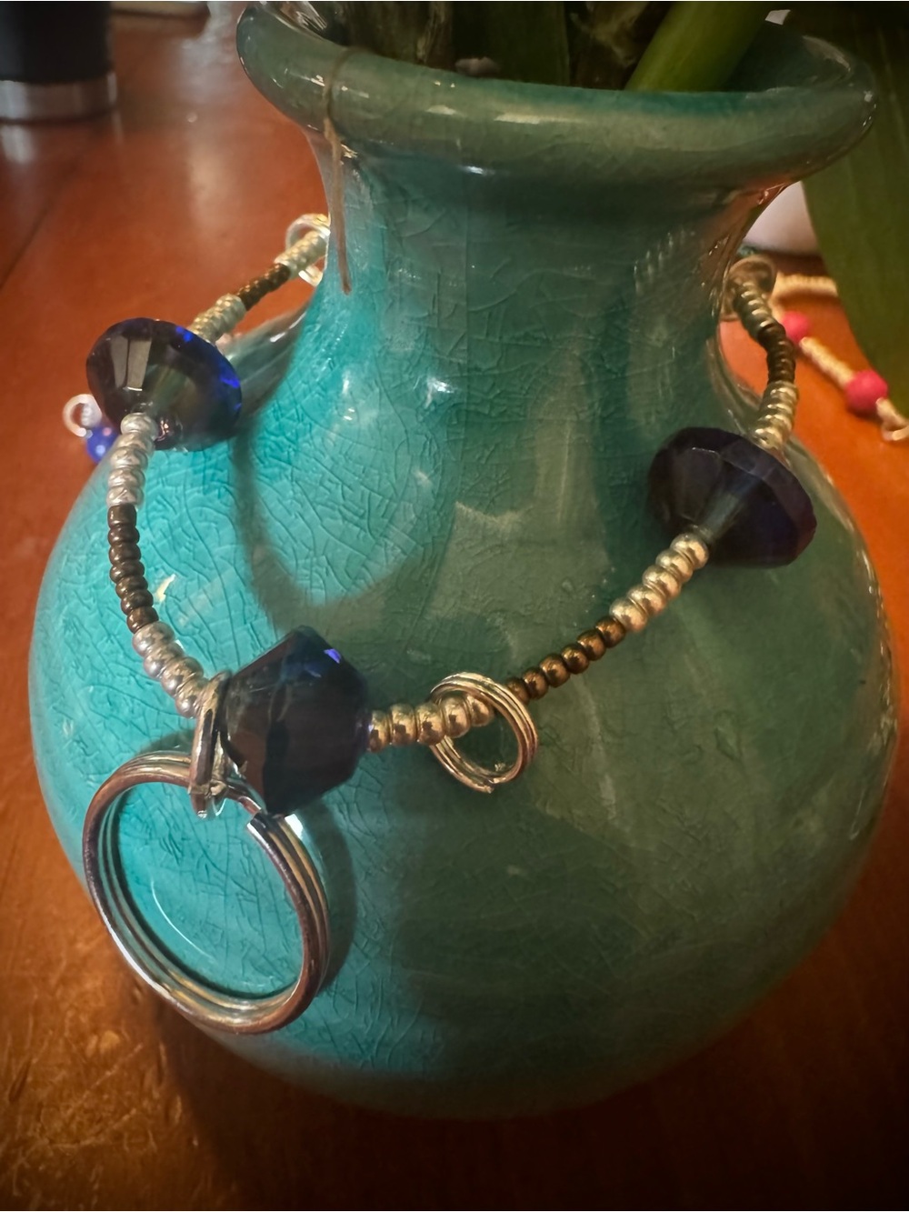 Handmade Silver Bead Keychain w/Deep Blue Crystal Accents
